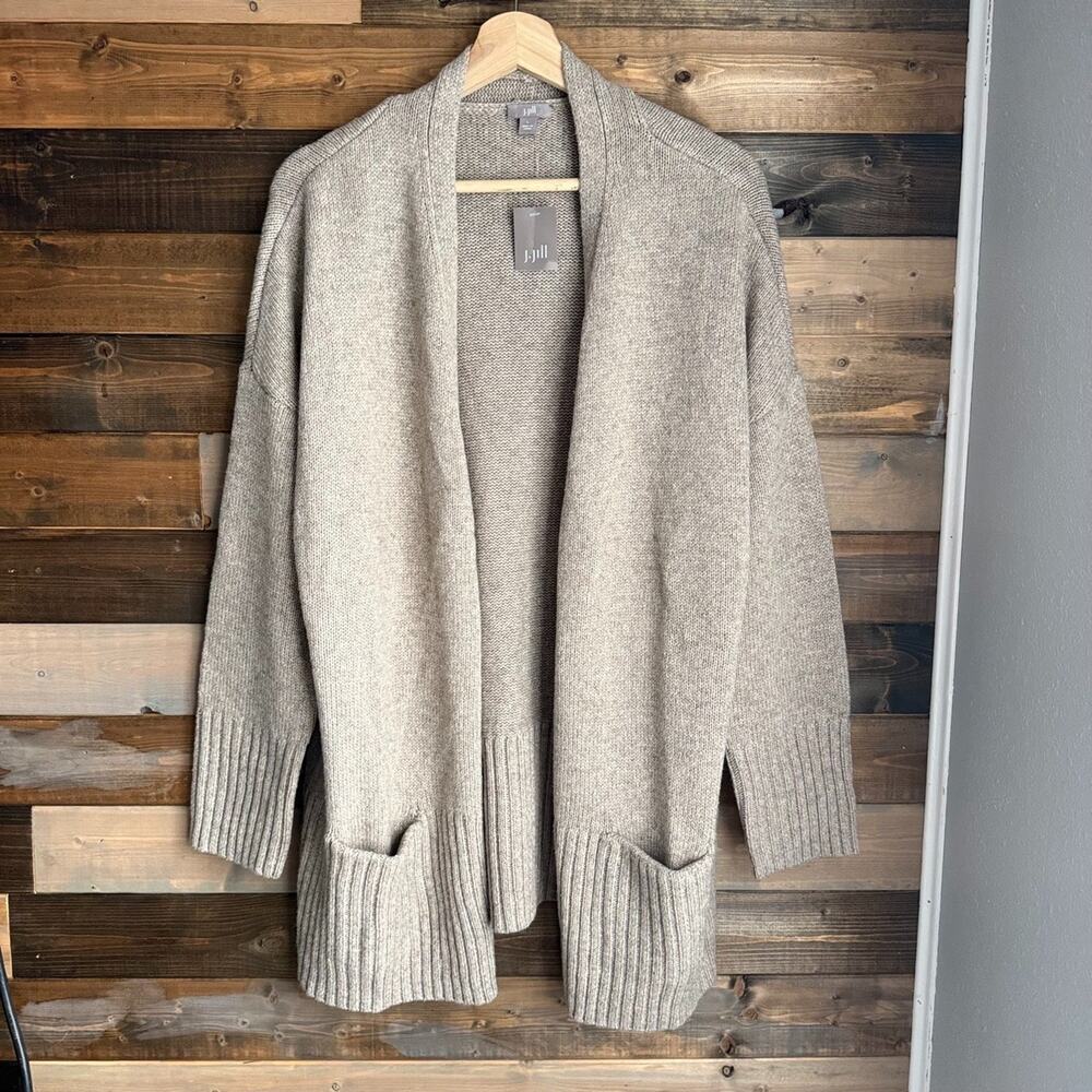 J.Jill NWT Open Front Sand Heather Cardigan Womens L Pockets Yak Wool Blend